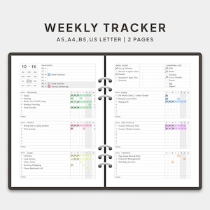May include: A weekly tracker planner insert with a ring-bound design. The page features sections for main events, meal ideas, a shopping list, and categorized habit tracking for personal, work, family, side hustle, home, and finance tasks.