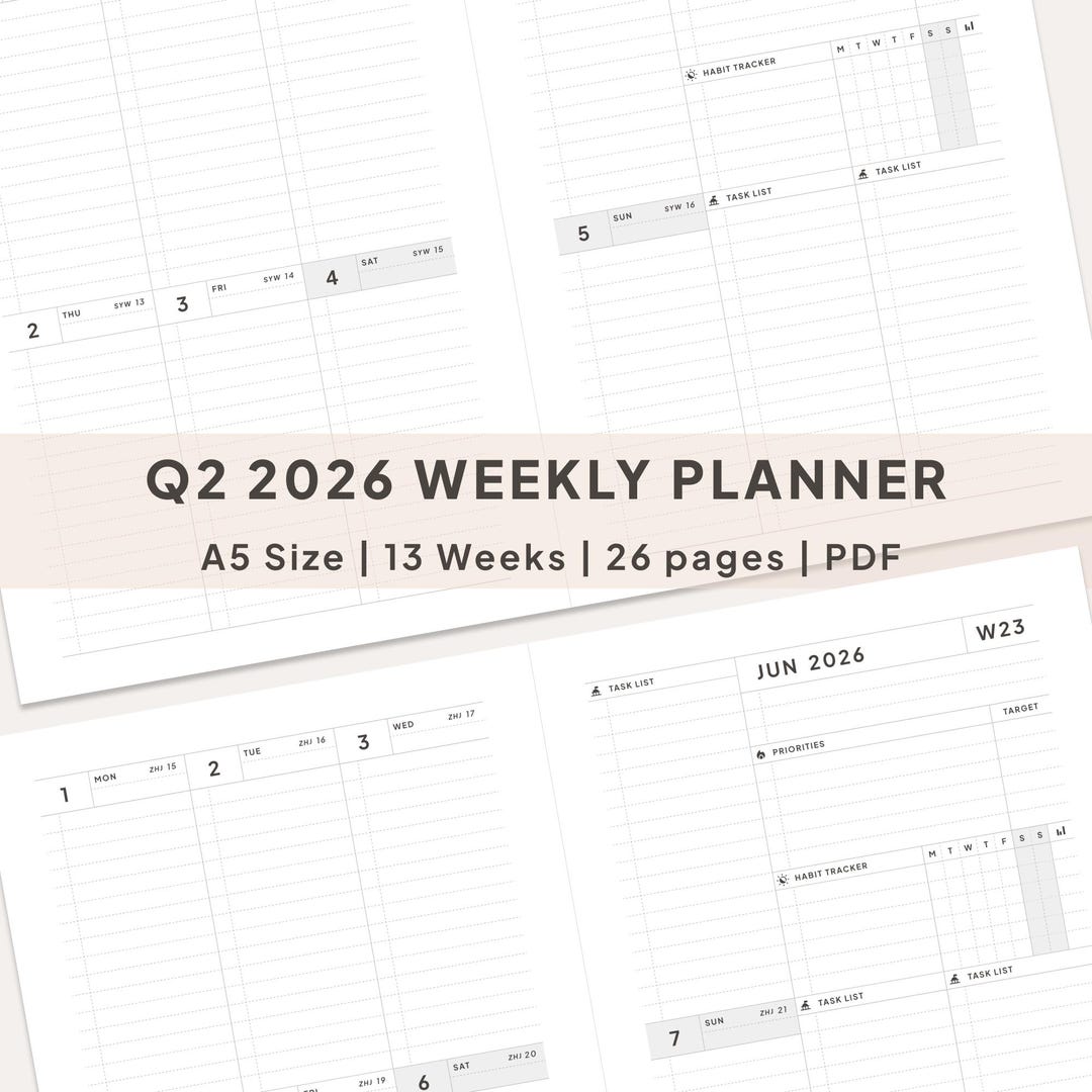 Q2 2026 Weekly Planner A5 | Vertical Layout, Minimalist PDF (digital