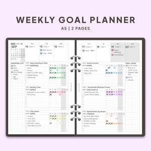 May include: A weekly goal planner in A5 size with two pages, featuring a dark ring binder spine. The layout includes a 2026 September calendar, daily columns, shopping lists, meal ideas, and goal tracking sections with handwritten text and colored marks.