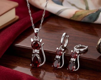 925 Sterling Silver Cat Necklace and Hoop Earrings Set with Red Zircon – Animal Jewelry
