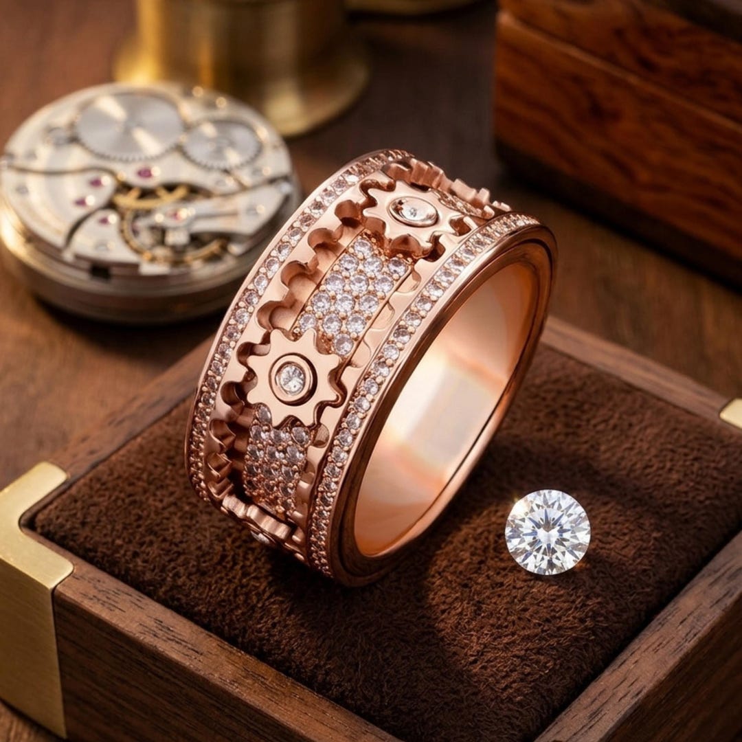 Steampunk Gear Spinner Ring, Stainless Steel Zircon Band, Anxiety