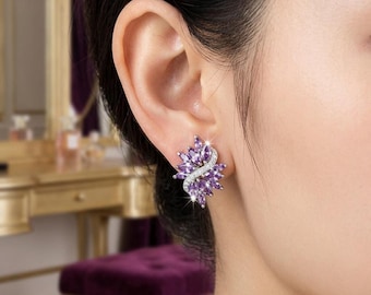 Boucles d'oreilles puces violettes, zircon cubique taille marquise, argent sterling 925, bijoux violets délicats, cadeau pour elle