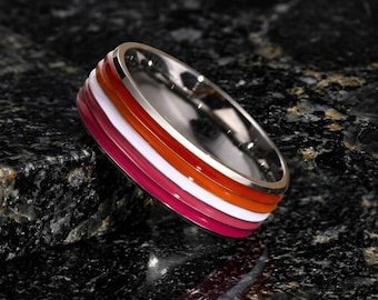 Anello dell'orgoglio lesbico, anello a fascia lesbico in acciaio inossidabile, gioielli Pride arancioni, bianchi e rosa, regalo LGBTQ per donne, fede nuziale lesbica