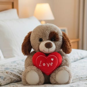 Może przedstawiać: Pluszowy pies z brązowymi uszami i brązową plamą nad jednym okiem. Pies trzyma czerwone serce z napisem "Love". Zabawka leży na łóżku z pościelą w kwiaty.
