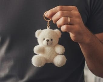 Curly Plush Sitting Teddy Bear Keyring, Gold-Tone Hardware Bag Charm