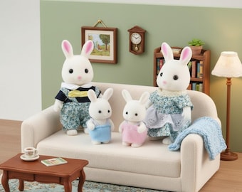 Rabbit Family Playset, Flocked Sylvanian Style Bunny Figures, Dollhouse Miniatures