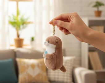 Llavero de peluche de nutria y pez, colgante minimalista de peluche corto para bolso, 11 cm, marrón