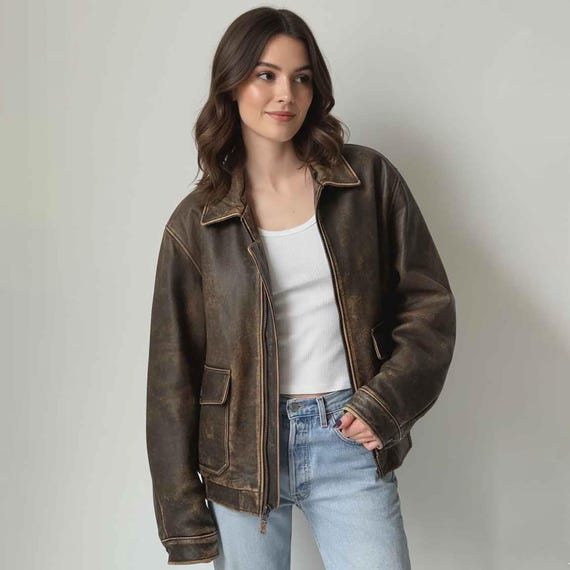 Ladies 90s Distressed Brown Leather Oversized Jacket, Women's Moto Biker Style-Jackets, Ladies-Bomber Aviator-Outwear, Gift-For-Her