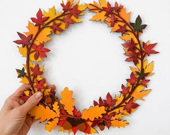 Handcrafted Wooden Autumn Wreath Wall Hanging | Layered Laser Cut Fall Leaf & Acorn Decor | Thanksgiving and Seasonal Door Decoration