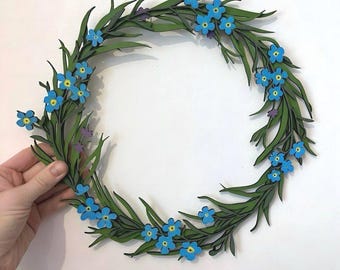 Spring wooden wreath, Blue Floral Wreath, Decoration, housewarming gift, for couples and families