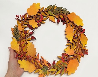 Wooden Autumn Wreath with Oak Leaves and Berries, Hand-Painted Layered Birch Plywood Decor