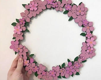 Hand-Painted Wooden Cherry Blossom Wreath, Floral Door Decor, Sakura Wall Hanging