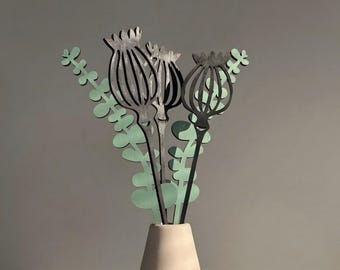Wooden Poppy Pods & Eucalyptus Bouquet, Wooden flowers