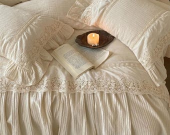 Biancheria da letto in lino, Arredamento per la casa, Set copripiumino in cotone, Matrimoniale/King Size, Arredamento in stile country francese/cottagecore, Cuscino in pizzo, Regalo per l'inaugurazione della casa