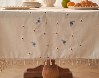 Rectangle Square Tablecloth, Embroidered Flowers, Cotton French Country Decor, Kitchen Dining Room, Coffee Hosting, Custom, Home Furnishings