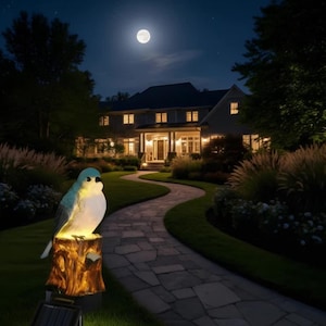 Pode incluir: Uma estátua de jardim de pássaro azul movida a energia solar, iluminada à noite. O pássaro está empoleirado em um toco de madeira falso, com um caminho que leva a uma casa sob a lua cheia. A estátua é projetada para uso externo.