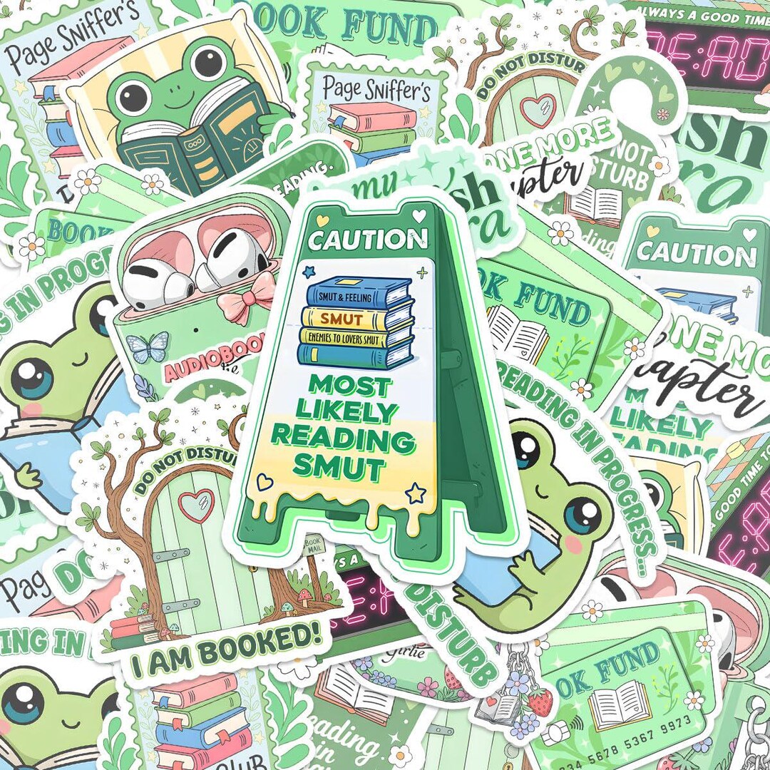 12 Pcs Bookish Frog Stickers, Reading Humor Stickers, Green Cozy Book ...