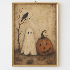 May include: A framed wall art print titled North Patina Prints featuring a textured beige background with a black crow perched on a bare tree branch, a white ghost figure with two black eyes, and an orange jack-o'-lantern with a carved face.