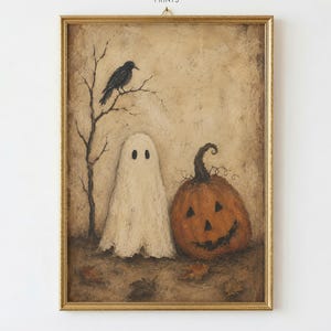 Ghost Pumpkin Halloween Printable Wall Art, Vintage Ghost Print, Rustic Jack O Lantern Painting, Crow Wall Decor, Primitive Halloween Decor