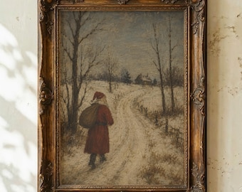 May include: A framed wall art print featuring a winter landscape with a figure in a red coat carrying a sack walking along a snowy path toward a distant house. The artwork is enclosed in an ornate, dark brown, carved wooden frame with decorative details.