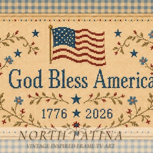 Cornice TV patriottica, ricamo "Dio benedica l'America", bandiera TV 1776-2026, cornice Samsung vintage per il 4 luglio immagine 3