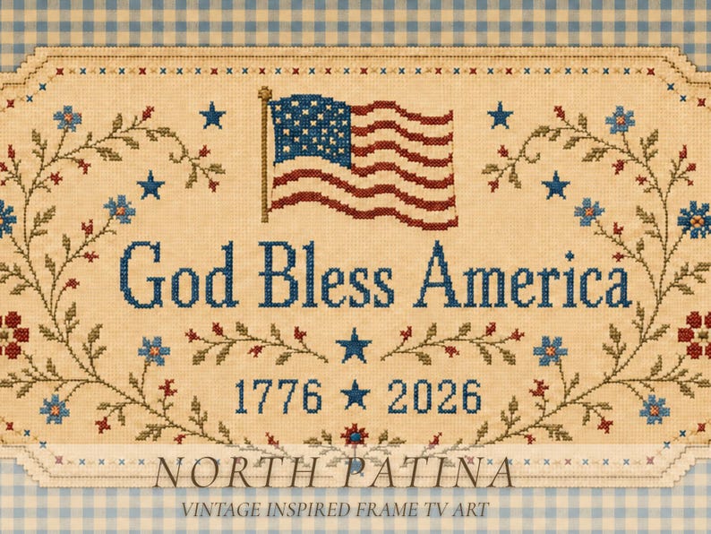 Cornice TV patriottica, ricamo "Dio benedica l'America", bandiera TV 1776-2026, cornice Samsung vintage per il 4 luglio immagine 3