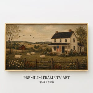 Primitive American Flag Farmhouse Samsung Frame TV Art, Patriotic Sheep Folk Art Painting, Vintage Americana 4th of July Country Wall Decor