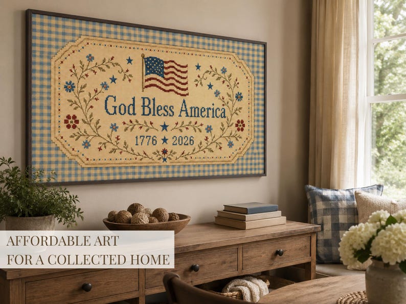 Cornice TV patriottica, ricamo "Dio benedica l'America", bandiera TV 1776-2026, cornice Samsung vintage per il 4 luglio immagine 5