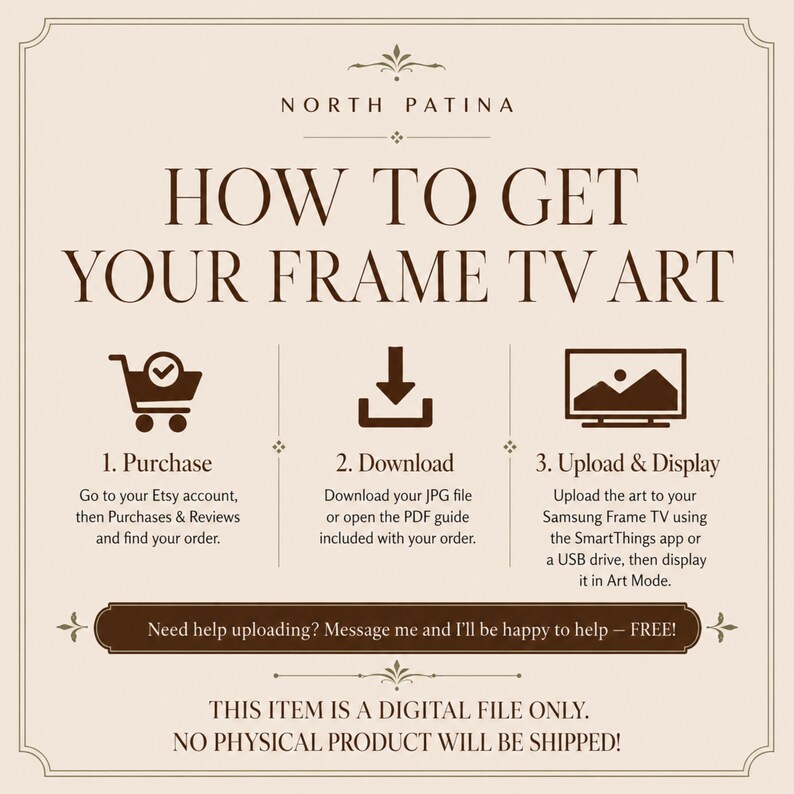 Pu&ograve; includere: Un grafico di istruzioni intitolato HOW TO GET YOUR FRAME TV ART di NORTH PATINA. Descrive tre passaggi: 1. Purchase, 2. Download e 3. Upload & Display, con icone per carrello, freccia di download e televisione. Include testo di supporto.