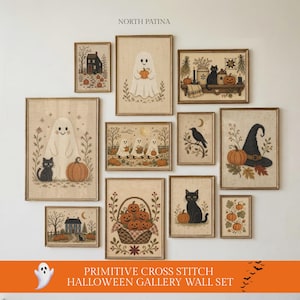 Könnte beinhalten: Eine Sammlung von elf gerahmten Kreuzstich-Kunstwerken mit Halloween-Motiven wie Geistern, schwarzen Katzen, Kürbissen, einem Hexenhut und Häusern. Der Text NORTH PATINA ist oben über der Anordnung der Bilder zu sehen.
