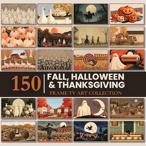 May include: A digital collection of 150 Fall, Halloween, and Thanksgiving art pieces for Frame TVs. The display features various seasonal illustrations including ghosts, pumpkins, skeletons, turkeys, and autumn landscapes with houses and barns.