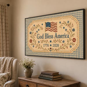Cornice TV patriottica, ricamo "Dio benedica l'America", bandiera TV 1776-2026, cornice Samsung vintage per il 4 luglio immagine 8