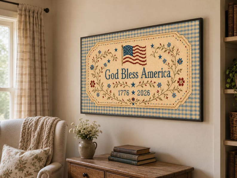 Cornice TV patriottica, ricamo "Dio benedica l'America", bandiera TV 1776-2026, cornice Samsung vintage per il 4 luglio immagine 8