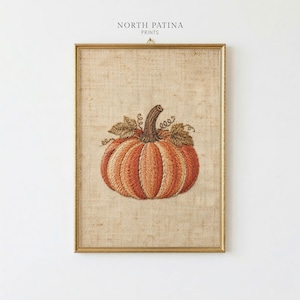 Embroidered Pumpkin Printable Wall Art, Fall Farmhouse Pumpkin Print, Primitive Autumn Decor, Cozy Thanksgiving Cottagecore Harvest Print