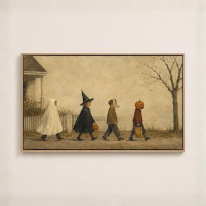 May include: A framed horizontal painting depicting four children walking in a line outdoors during Halloween. The children are dressed in costumes: a white ghost sheet, a black witch outfit with a hat, a fox mask, and a pumpkin head mask.
