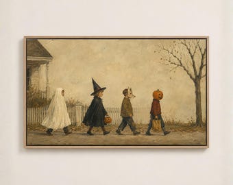 May include: A framed horizontal painting depicting four children walking in a line outdoors during Halloween. The children are dressed in costumes: a white ghost sheet, a black witch outfit with a hat, a fox mask, and a pumpkin head mask.