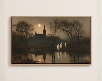 May include: A framed landscape painting depicting a dark, misty scene at night with a full moon illuminating a tall church spire in the distance. Three white, draped figures stand near a calm body of water, reflecting the trees and the moon.