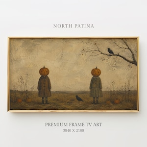 Könnte beinhalten: Ein rechteckiges gerahmtes digitales Kunstwerk mit dem Titel NORTH PATINA, das zwei Figuren mit Kürbisköpfen auf einem Feld zeigt. Ein schwarzer Vogel sitzt auf einem kahlen Ast, ein weiterer steht auf dem Boden. Text: PREMIUM FRAME TV ART 3840 X 2160.