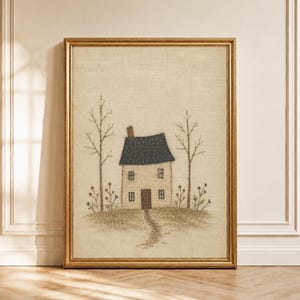 Primitive Cottage Stickerei druckbare Wandkunst, rustikale Bauernhaus Cottage Print, gealterter Leinen Cottagecore Sampler, neutrale Country Wanddekoration