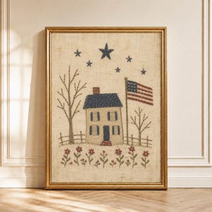 Stampa artistica da parete con bandiera americana in stile primitivo, ricamo patriottico, arte country vintage americana per il 4 luglio.