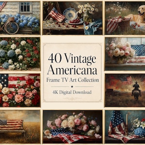 Peut inclure: Collection de 40 impressions d'art vintage Americana pour cadre TV. Les images présentent des thèmes patriotiques, notamment des drapeaux américains, des fleurs et des scènes rurales. La palette de couleurs comprend le rouge, le blanc et le bleu, avec une esthétique vintage.