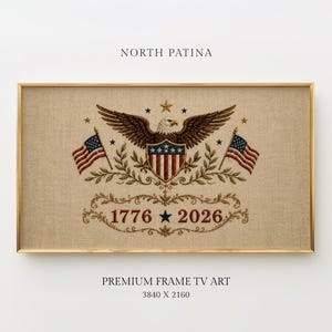 1776 2026 Patriotisk ram-TV-konst, broderi med vintageflagga av vithövdad havsörn, TV-konst med kolonial lantlig stil, Samsung Digital Decor för den fjärde juli