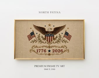 1776 2026 patriottische frame tv-kunst, vintage kale adelaar vlag borduurwerk, koloniale boerderij tv-kunst, Fourth of July Samsung digitaal decor