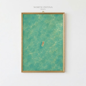 May include: A framed art print titled NORTH PATINA PRINTS featuring an aerial view of a person in a red swimsuit floating on a striped pool float in clear turquoise water. The artwork is encased in a thin, metallic gold-toned rectangular frame.