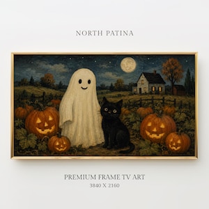 May include: A framed digital artwork titled NORTH PATINA, labeled PREMIUM FRAME TV ART 3840 X 2160. The image depicts a white ghost and a black cat in a pumpkin patch at night, with a full moon, a house, and several glowing jack-o'-lanterns.