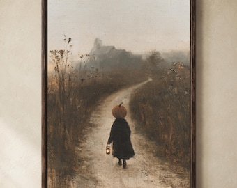 May include: A framed wall art print depicting a figure with a pumpkin head wearing a dark coat and carrying a glowing lantern, walking down a dirt path toward a distant building in a misty, muted landscape with tall, dry grasses on both sides.
