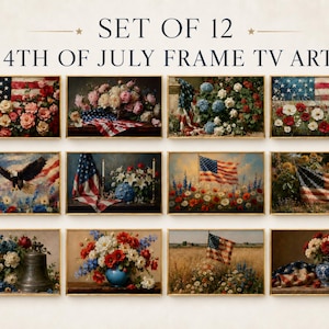 Può includere: Set di 12 stampe artistiche TV incorniciate con temi patriottici. Ogni stampa presenta composizioni floreali, bandiere americane e un'aquila, in stile vintage. Il testo in alto recita "SET OF 12 4TH OF JULY FRAME TV ART".