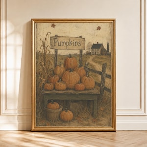 Wandbild mit Kürbismotiv, Vintage-Druck eines Kürbisständers, rustikale Herbstdeko im Landhausstil, Herbsternte-Druckvorlage, digitaler Download für den ländlichen Herbst