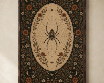 May include: A framed rectangular wall art print featuring a central spider on a web inside an oval beige frame. The background is dark with orange and white floral patterns, vines, and small stars. The frame is dark brown wood with a textured finish.