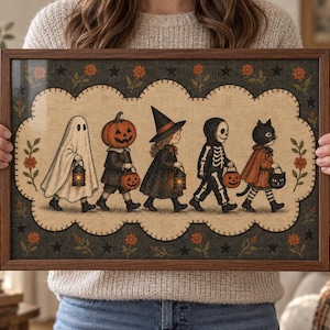 May include: A rectangular framed wall art print featuring a line of five children in Halloween costumes, including a ghost, a pumpkin-headed figure, a witch, a skeleton, and a black cat, set against a beige scalloped background with floral borders.